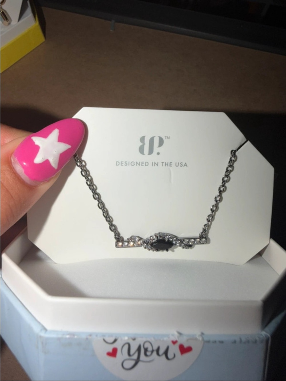 Silver Necklace with Black Stone and Crystal Accents - Designed in the USA